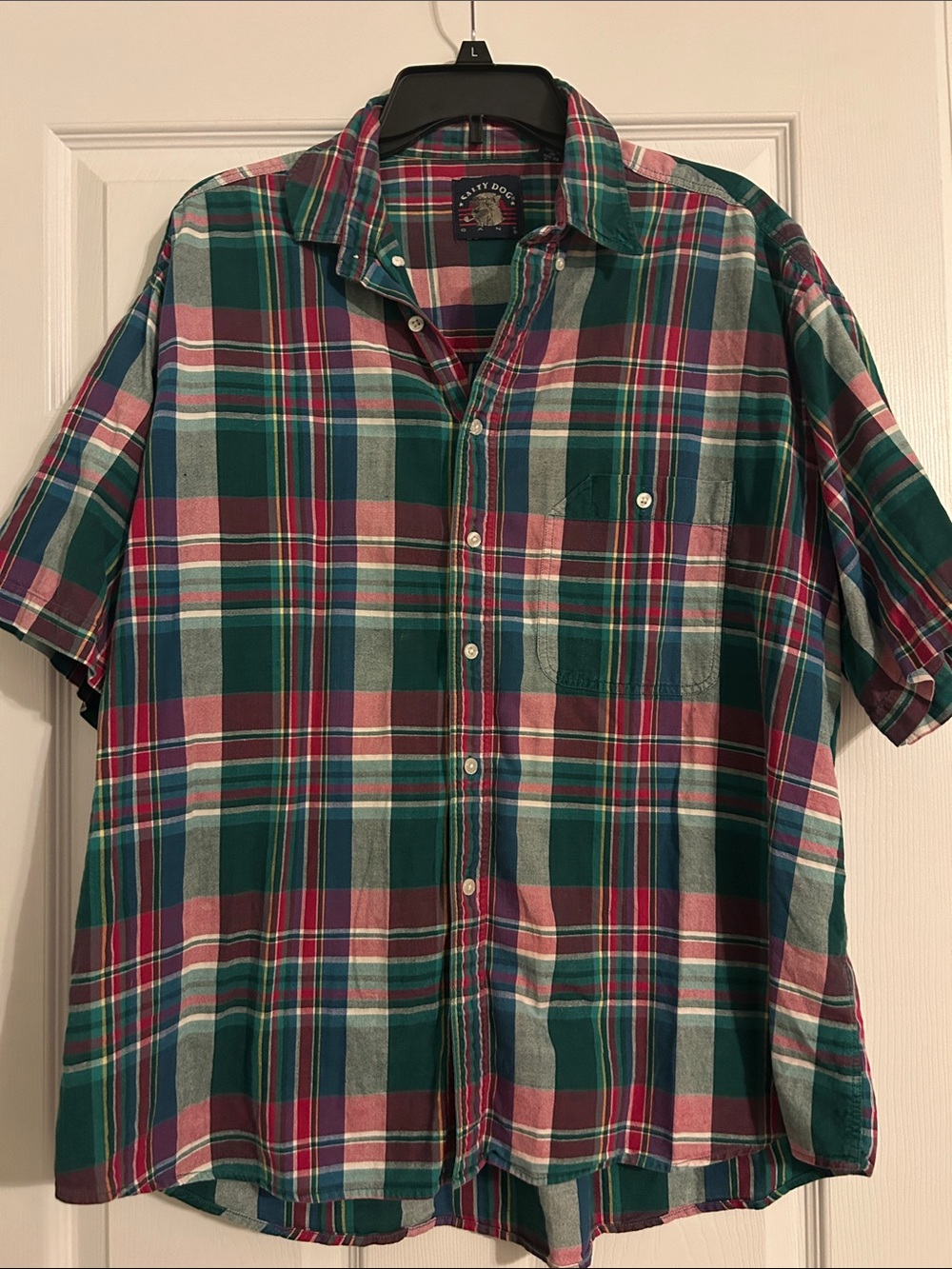 Short-Sleeve Plaid Button-Down Shirt in Teal, Pink & Blue